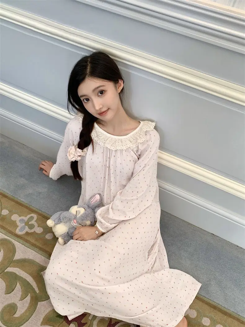 

Корейская версия ночной рубашки с длинными рукавами и цветочным принтом для девочек, новые летние кружевные пижамы, женская домашняя одежда, платье, милая одежда для сна