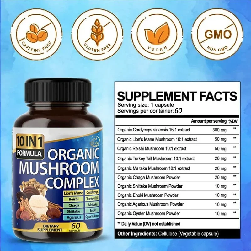 

Lion mane, Cordyceps sinensis,Ganoderma lucidum - memory and focused brain supplement-10 in 1 high-strength mushroom supplement