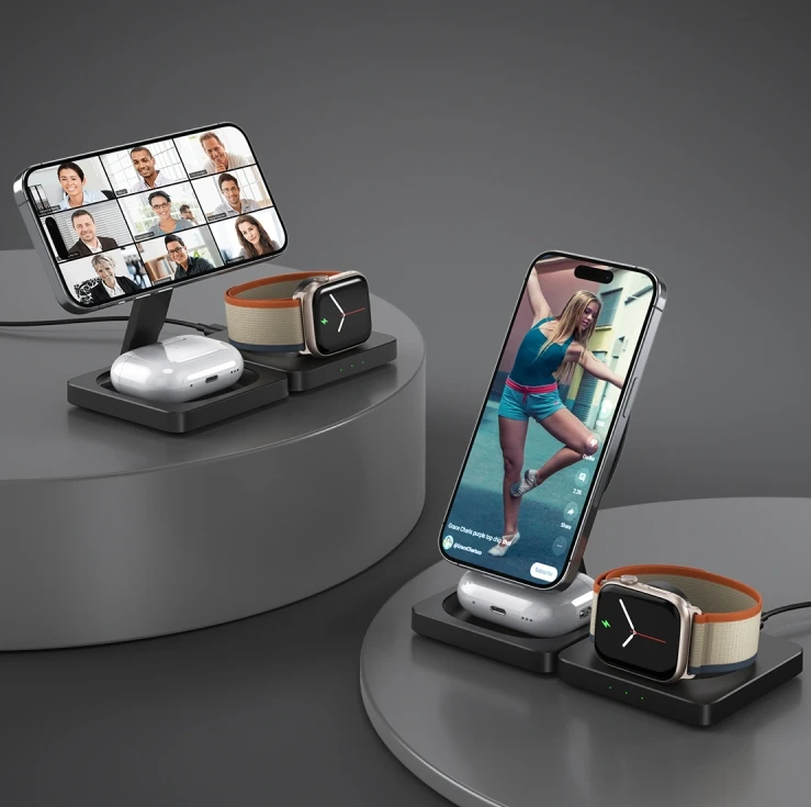 

2025 Latest Customized Products Foldable 3 in 1 Magnetic Wireless Charger Portable 15W Fast Wireless Charging Station for iphone