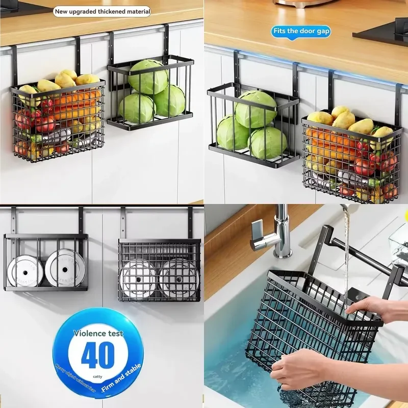 for Modern Minimalist Cabinet with Carbon Steel Storage Baskets Behind Doors Adjustable Vegetable Kitchen Shelves