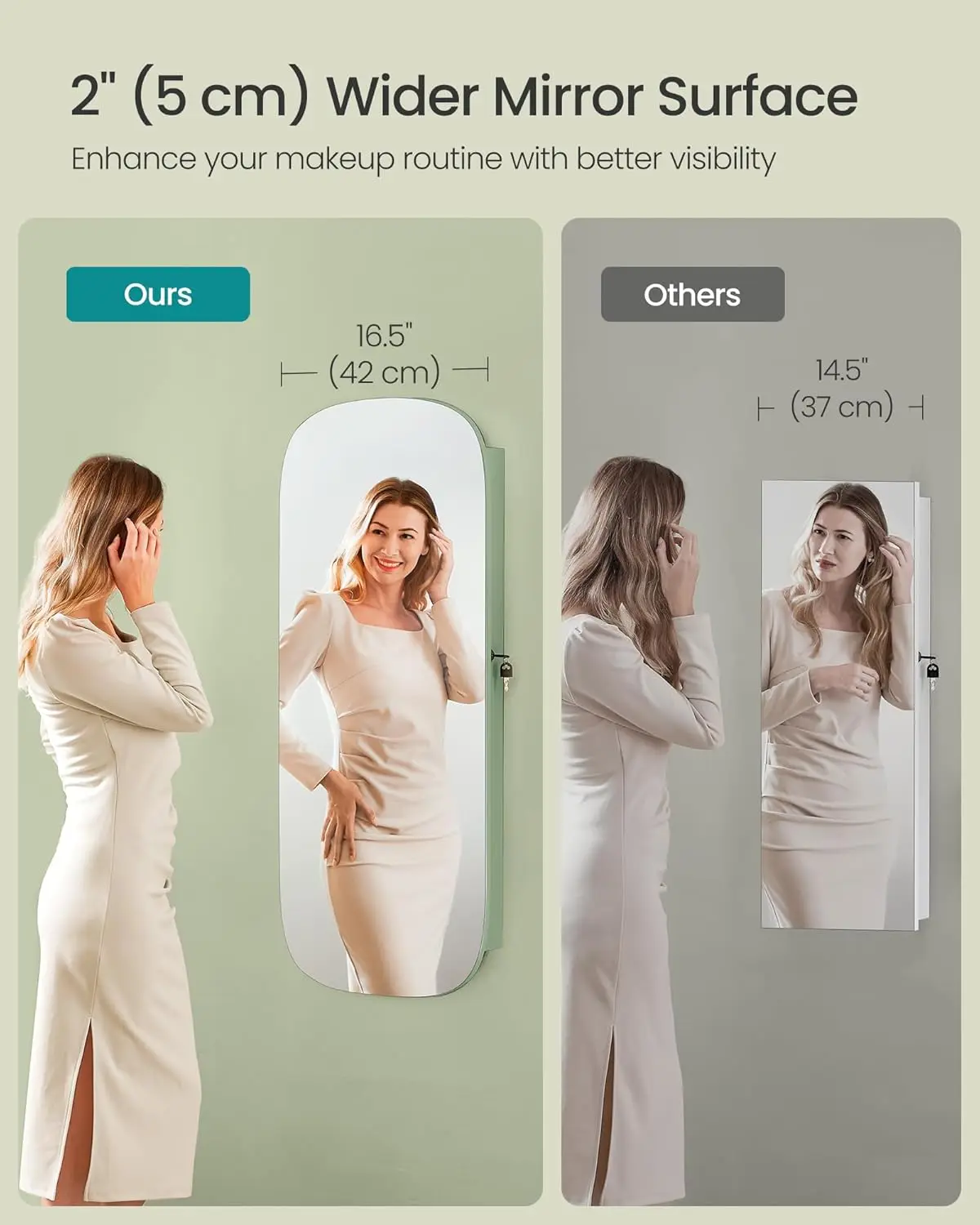 منظم المجوهرات، خزانة مجوهرات LED مثبتة على الحائط/الباب، مرآة واسعة مستديرة مع مساحة تخزين، مرآة داخلية #4