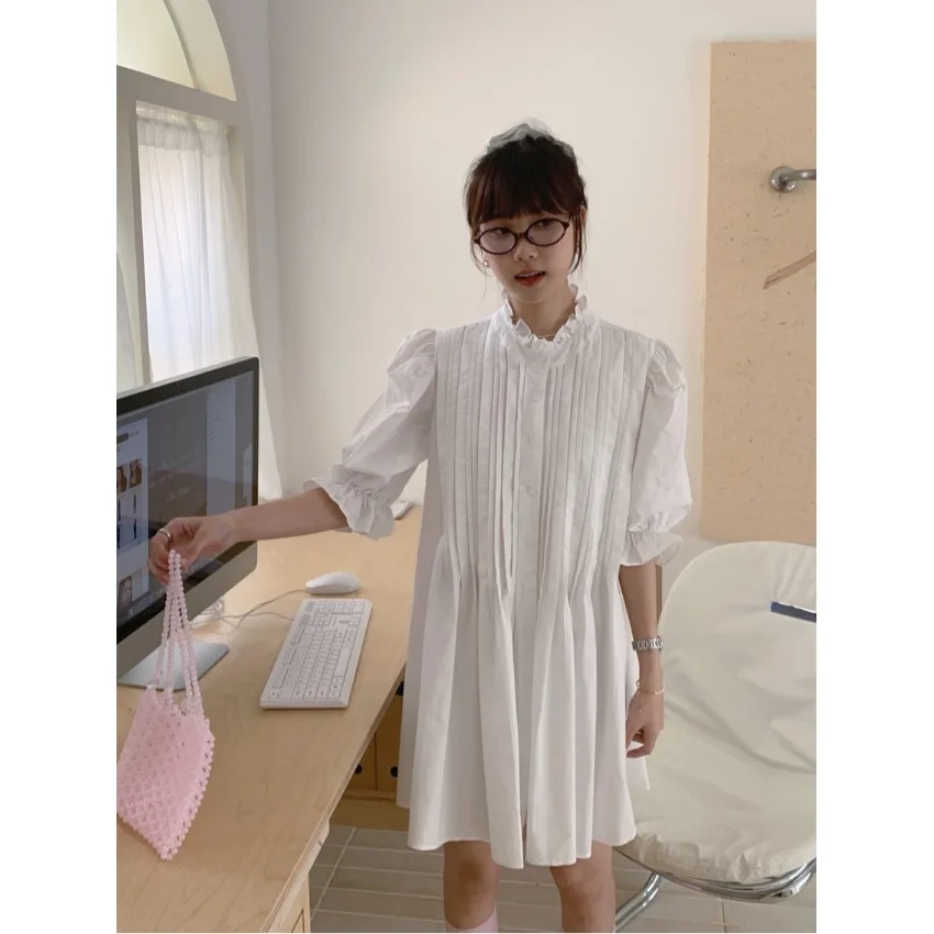 

Шикарное летнее платье в нежном стиле с плиссированным дизайном, на одной пуговице, с рукавами-колокол, короткое, женское, в корейском стиле, с цветочным воротником