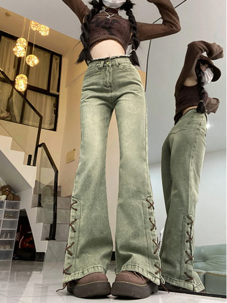 Harajuku Streetwear Y2K Retro Mode Vrouwen Hoge Taille Jeans Groen Ontwerp Wijde Pijpen Rechte Losse Denim Broek Y2K Baggy Broek