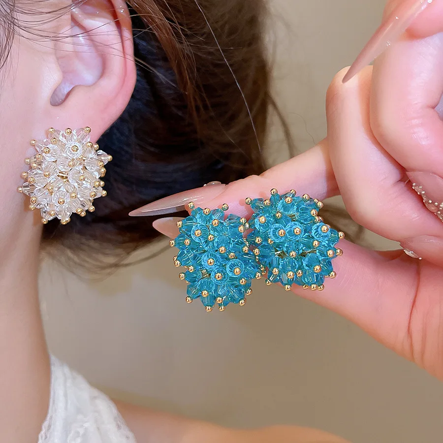 Trendy Handmade Crystal Beaded Stud Earrings for Women French Luxury Flower Cluster Ear Studs Sweet Wedding Party Jewelry Gifts