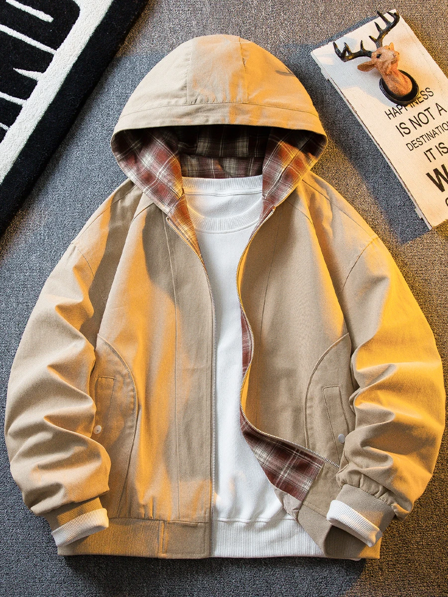 

Retro American Contrast Color Plaid Workwear Jaet Men's Loose Fit Autumn Winter Faion Brand Open Cardigan Hooded Coat
