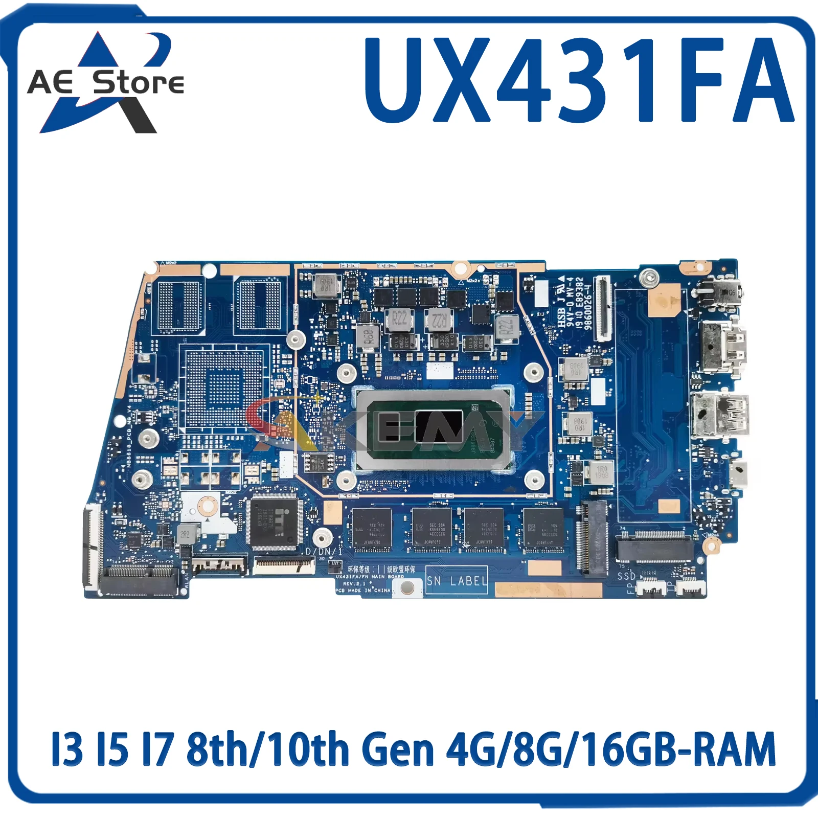 

Материнская плата для ноутбука AE UX431FA Материнская плата ASUS UX431FAC BX431F RX431F UX431FN UX431FLC I3 I5 I7 8-го/10-го поколения 4G/8G/16GB-RAM