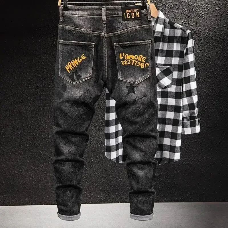 Trousers Elastic Man Cowboy Pants Tapered Streetwear Men's Jeans Black Letter Stretch Straight Embroidery Washed Luxury Y2k Soft