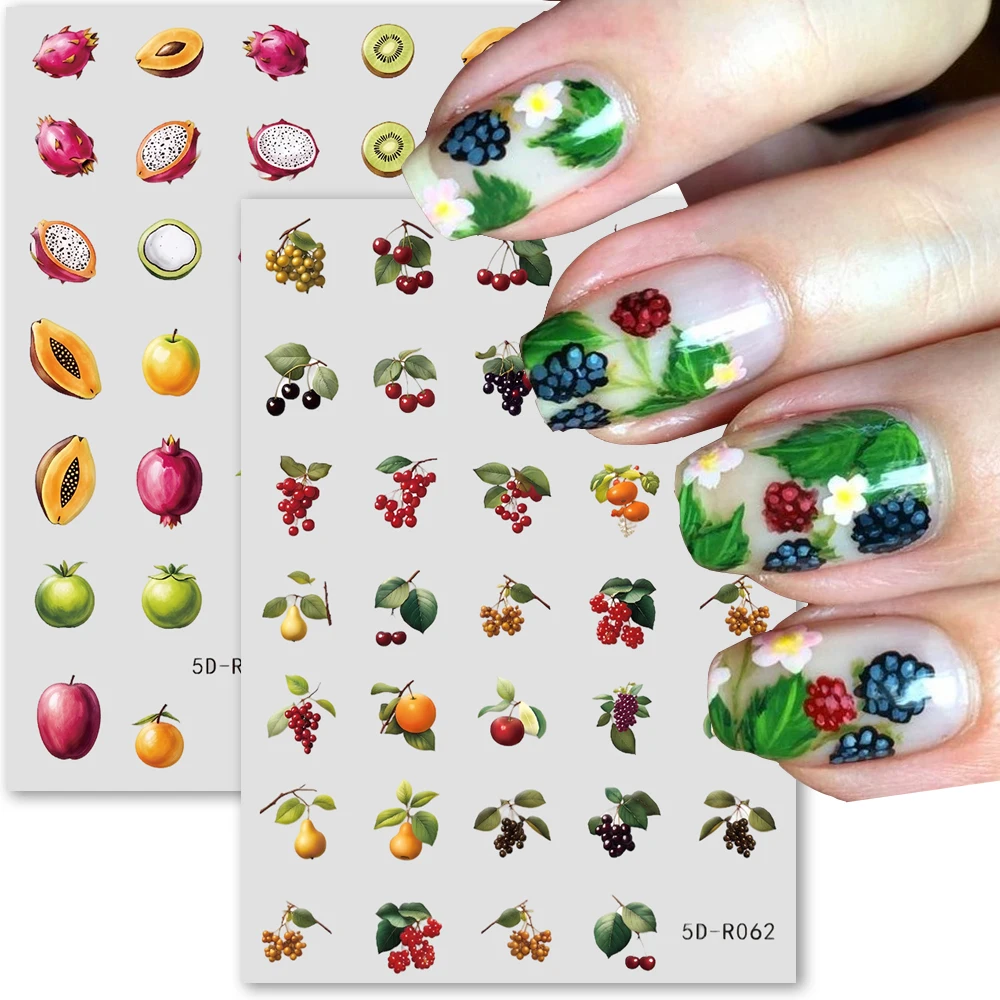 2pcs Red Berries Raspberries Nail Stickers Pitaya Papaya Fruit Slices Summer Nail Decals Sliders Green Apples Pears Nail Decorat