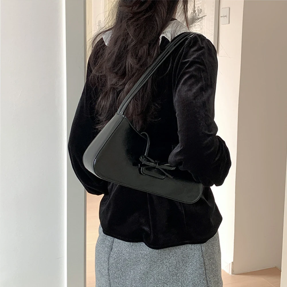 

Sweet Bow Shoulder Bag PU Leather Fashion Handbag with Zipper Closure Clutch Purse Retro Trendy Underarm Bag for Women and Girls