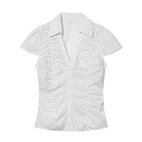 Summer Y2K Vintage Polka Dot Short Sleeve Blouse For Women V Neck Collared Ruched Bodycon Slim Fit Casual Daily Streetwear Shirt 6