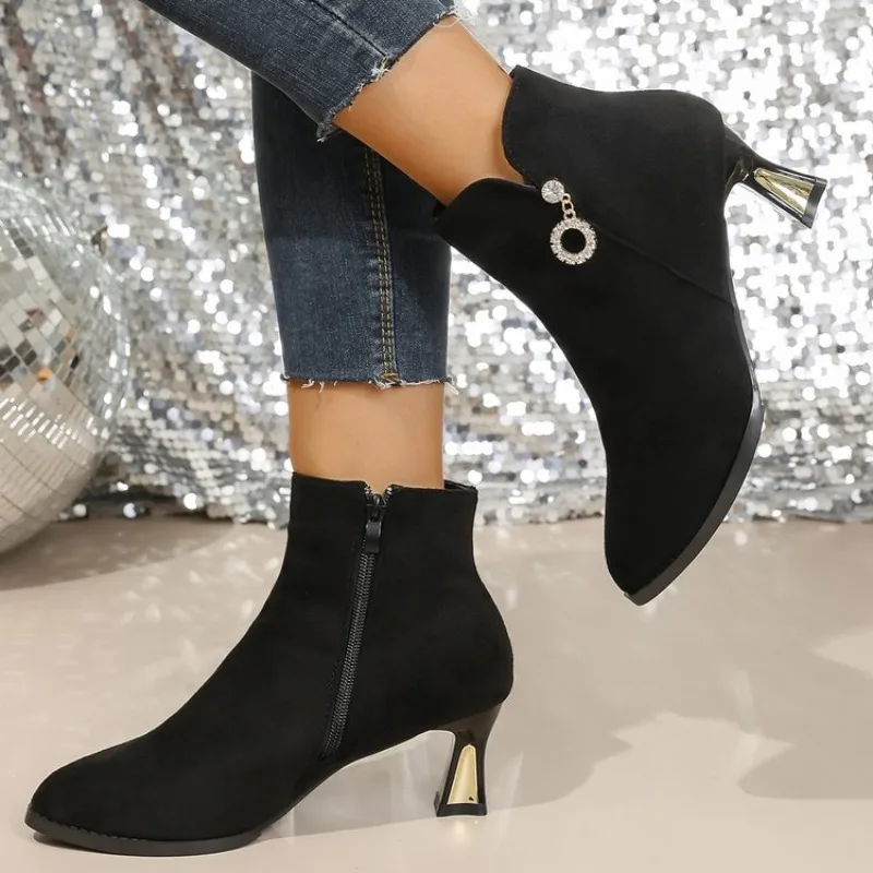 Schwarze Spitze Stiefeletten Herbst Winter Warme Stiefeletten mit Absatz für Damen Trend 2026 Bequeme und Elegante Kurze Damenschuhe – Detail 4