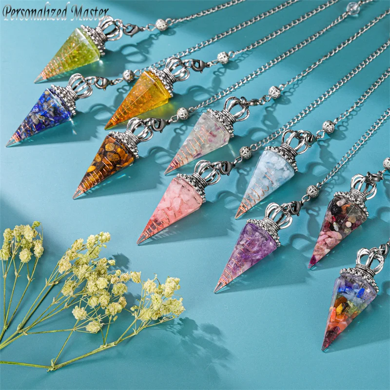 

Personalized Master Chakra Crystal Dowsing Pendulum Scrying Divination Resin Gemstone Hexagonal Pointed Healing Stone Pendant