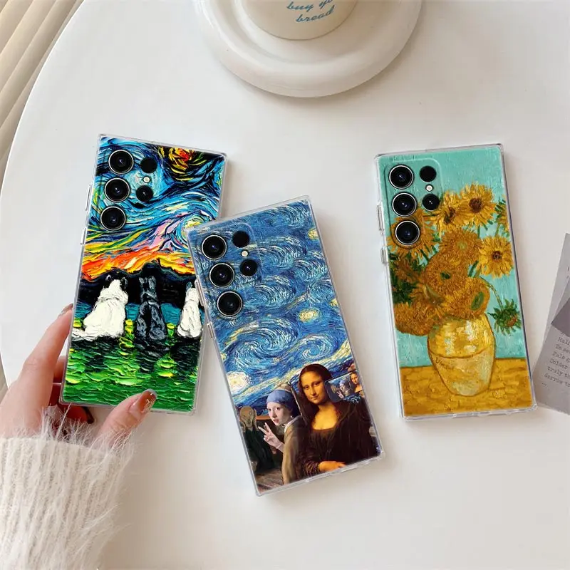 Cat Van Gogh Starry Night Oil Painting Phone Case For Samsung Galaxy S24 S23 Ultra S22 S20 Plus S21 FE Clear Cases Cover Fundas