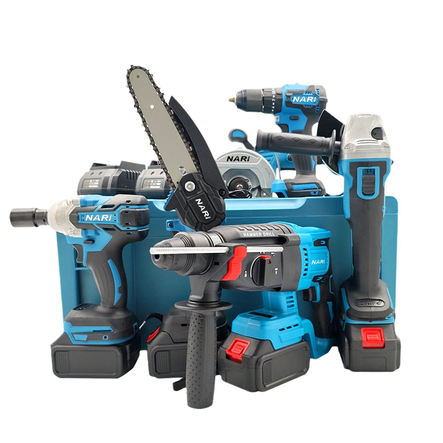 

Беспроводной практичный набор электроинструментов 6-в-1 для рабочего места включает электрический гаечный ключ, дрель, бензопила, угловая шлифовальная машина, циркулярная пила, молоток