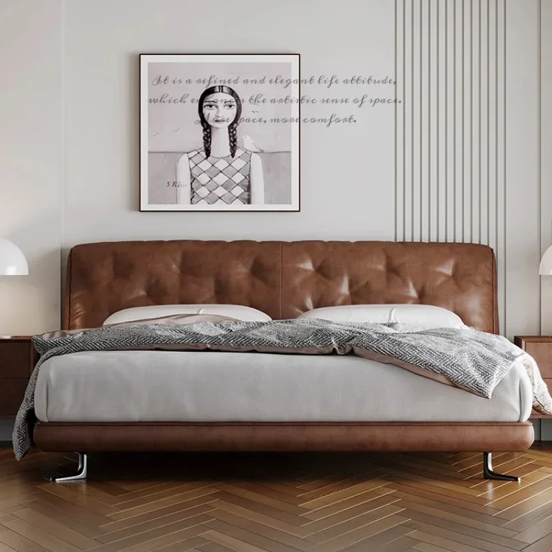 Italian simple leather bed high box storage double bed integrated bag small apartment 1.8m bed carbon steel feet