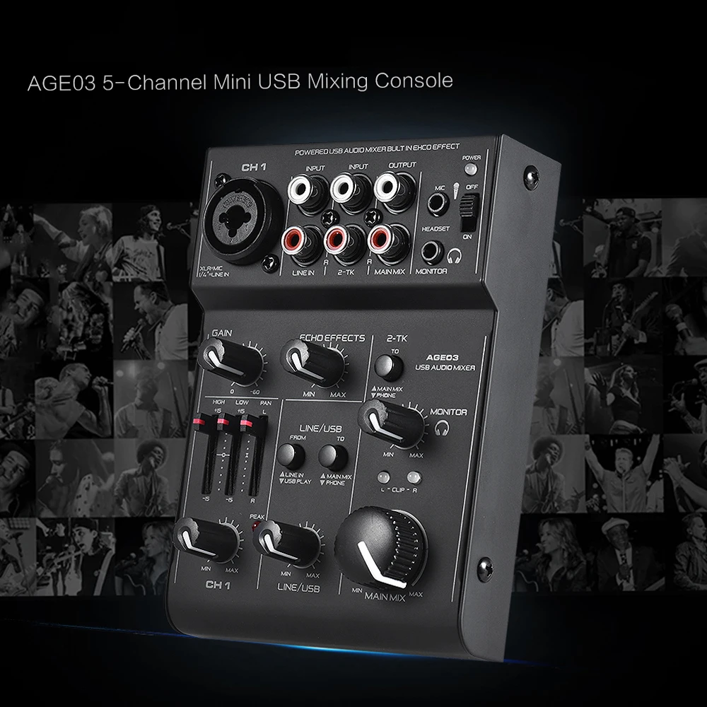 

AGE03 5-канальный мини-микшерный пульт с USB-аудиоинтерфейсом, встроенным эффектом эхо, питанием от USB для записи и работы диджеев