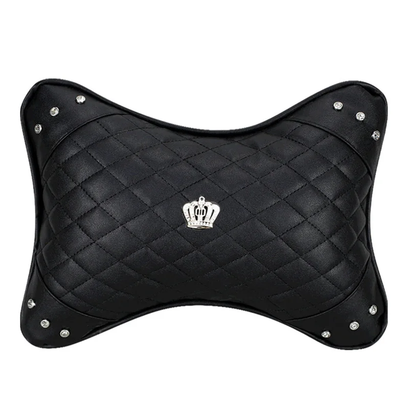 1PC PU Leather Car Neck Pillow with Rhinestones Crown Universal Plush Bone-Shaped Vehicle Headrest Cushion for Women Girls Man