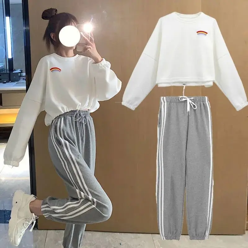 Spring Autumn New Style Women's Sportswear Set Casual Harlan Pants Rainbow Hoodie Two-Piece Set Fashionable Loose Fit