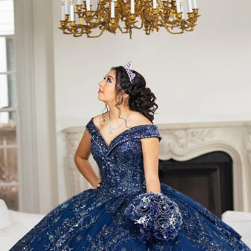 Navy Blue Quinceanera Dresses Beaded Sequined Appliqué Lace Sweet 16 Dress Ball Gown Lace Up vestidos de 15 años