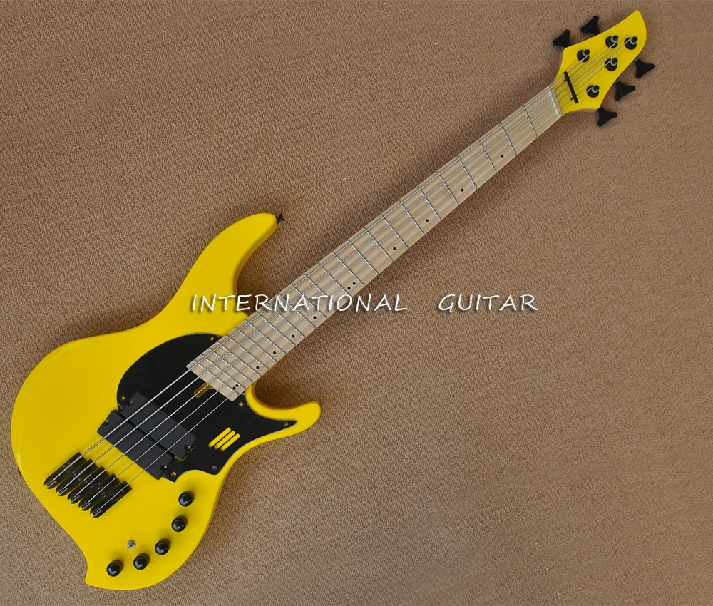 5 Strings Yellow Electric Bass with Slanted Frets,Active Circuit,Maple Fretboard,Customizable