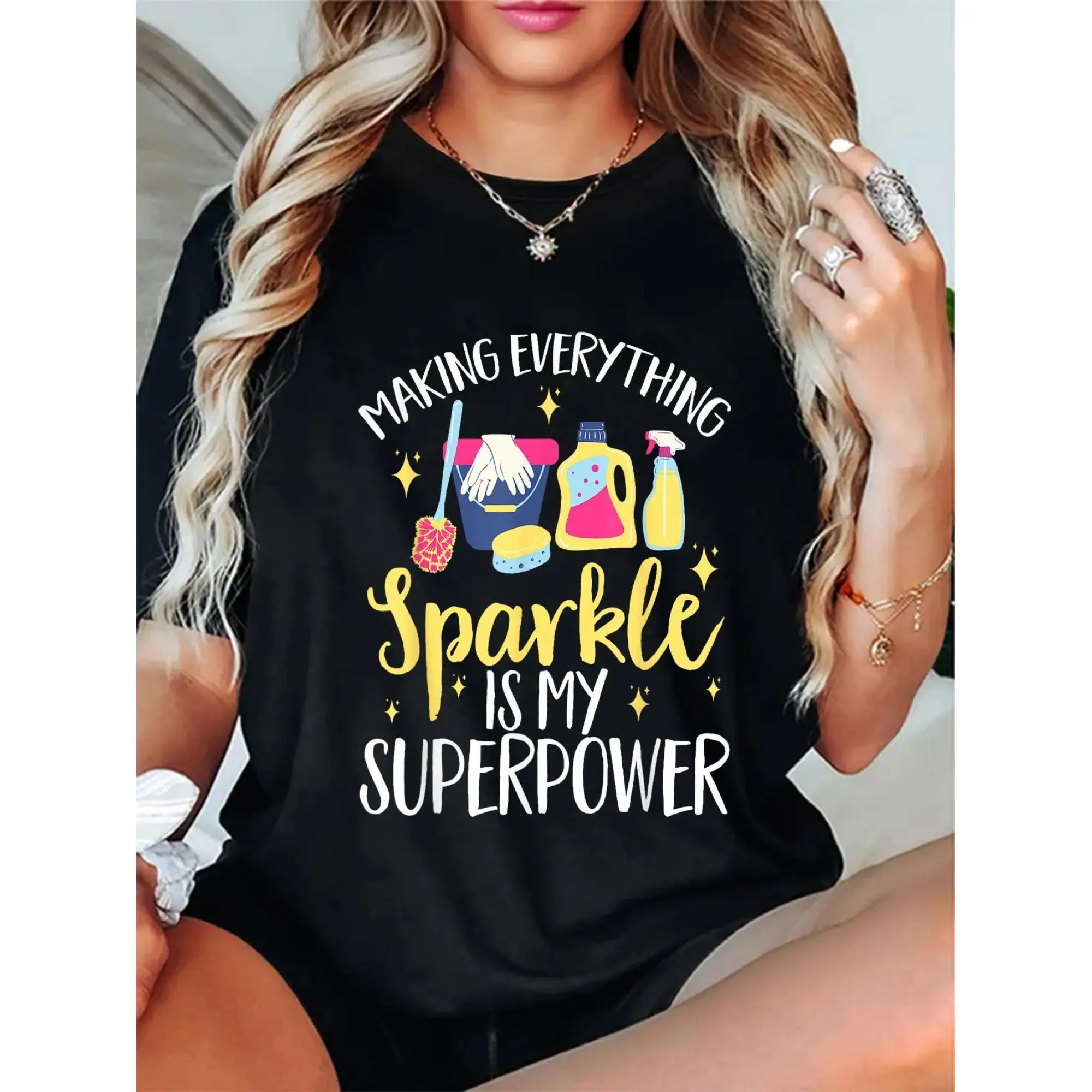 

Women'S Casual "Sparkle is My Superpower" Graphic Tee - Short Sleeve, Round Neck, Fun Printed T-Shirt for Casual Attire