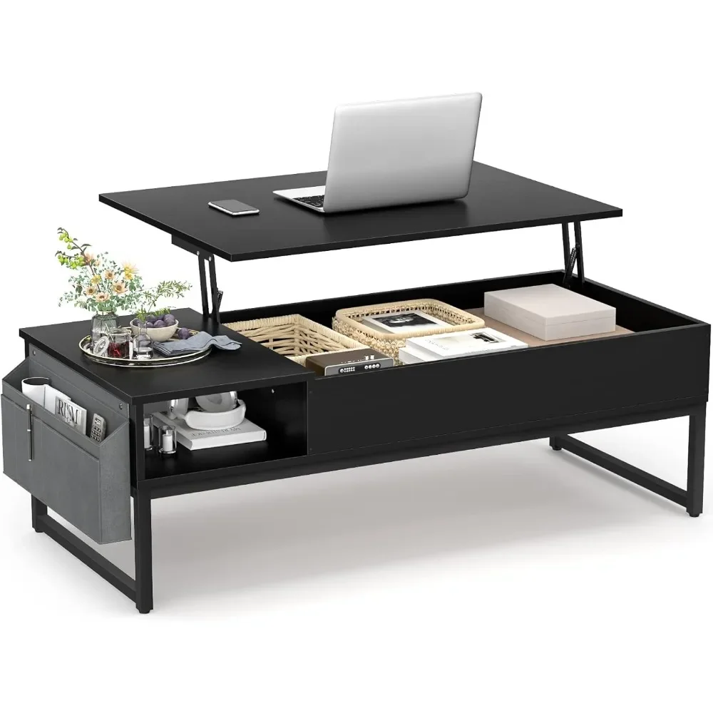 

Lift Top Coffee Table with Storage, Wood Lifting Top Central Table Metal Frame, 43.3" Lift Tea Table with Side Pouch