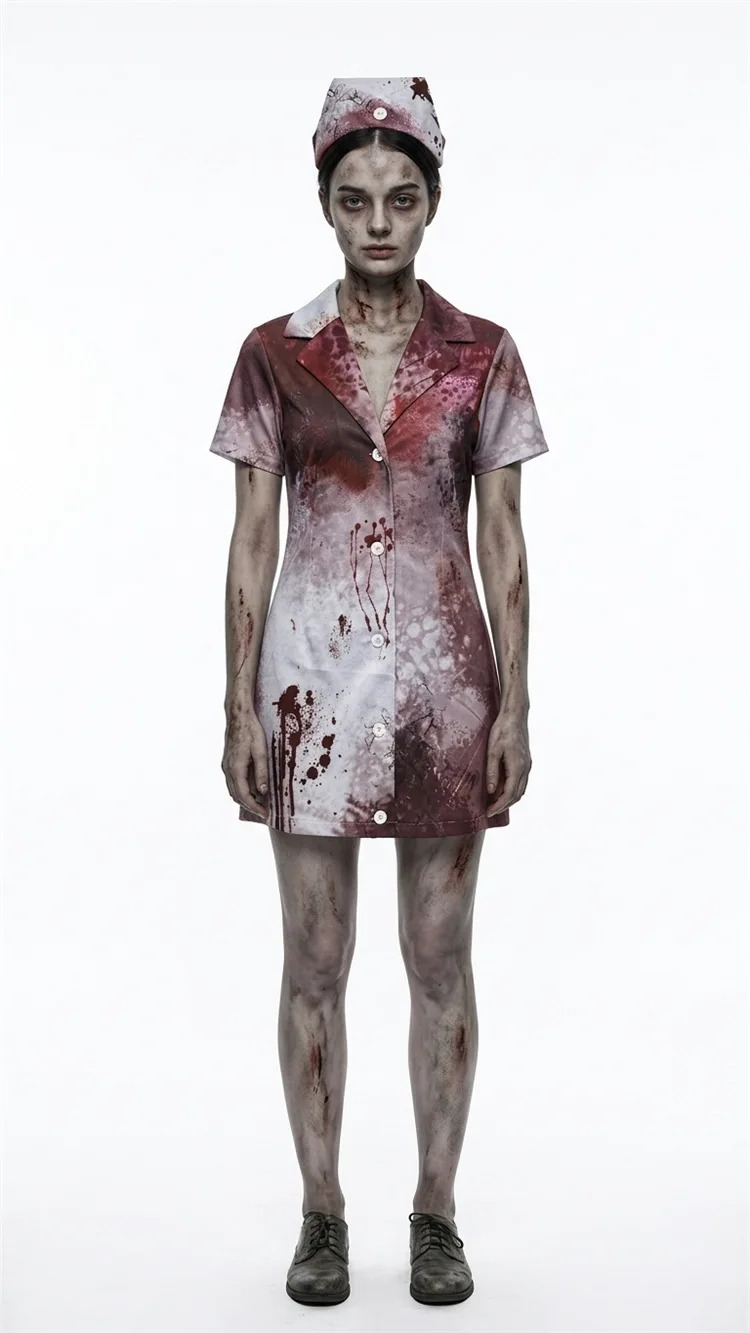 Halloween Blutfleckiges Krankenschwester-Kostüm, Gruseliges Bühnen-Cosplay-Kostüm für Frauen, Zombie-Spiel-Thema-Kleid, Rollenspiel-Performance, Fantasie-Outfit 2026 – Detail 2