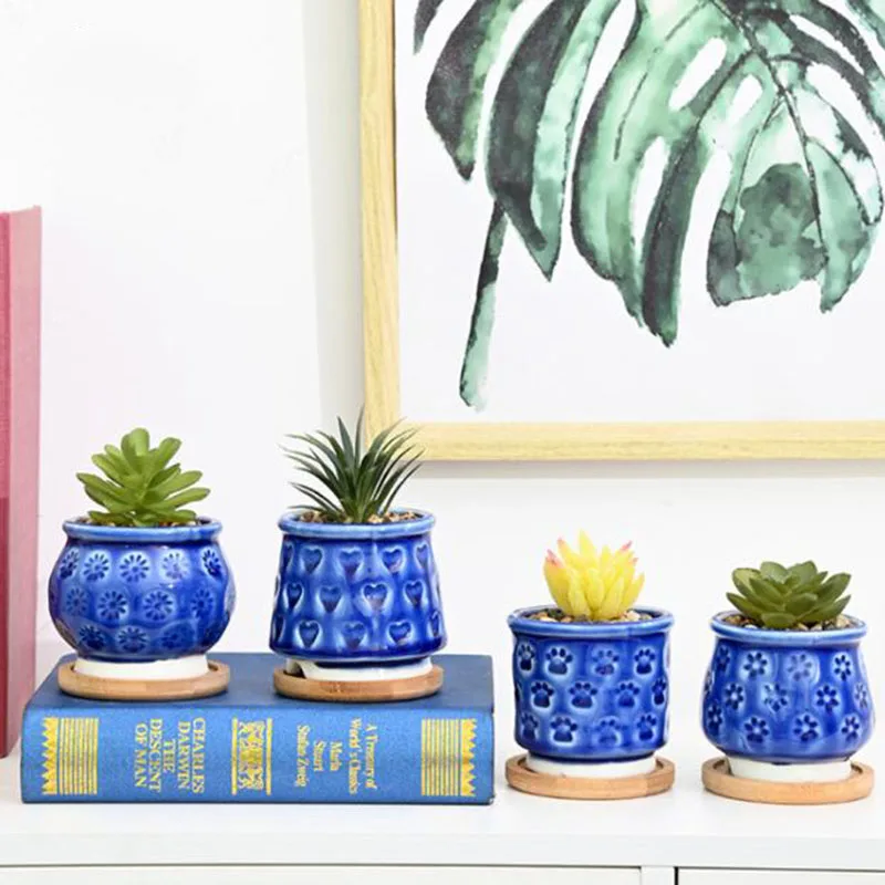 4Pcs/Set Porcelain Blue Color Signet Pattern Succulent Plant Pot Breathable Flowerpot Bonsai Vase Gardening Planter Home Decor
