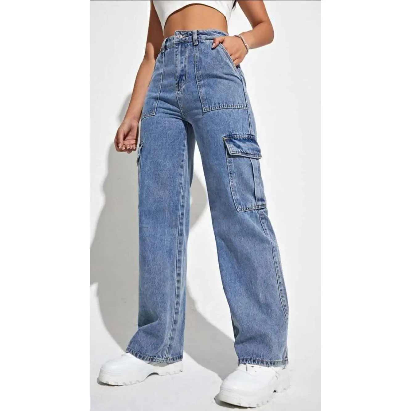 

Casual Y2k Women's High Waist Flap Pocket Wide Leg Jeans