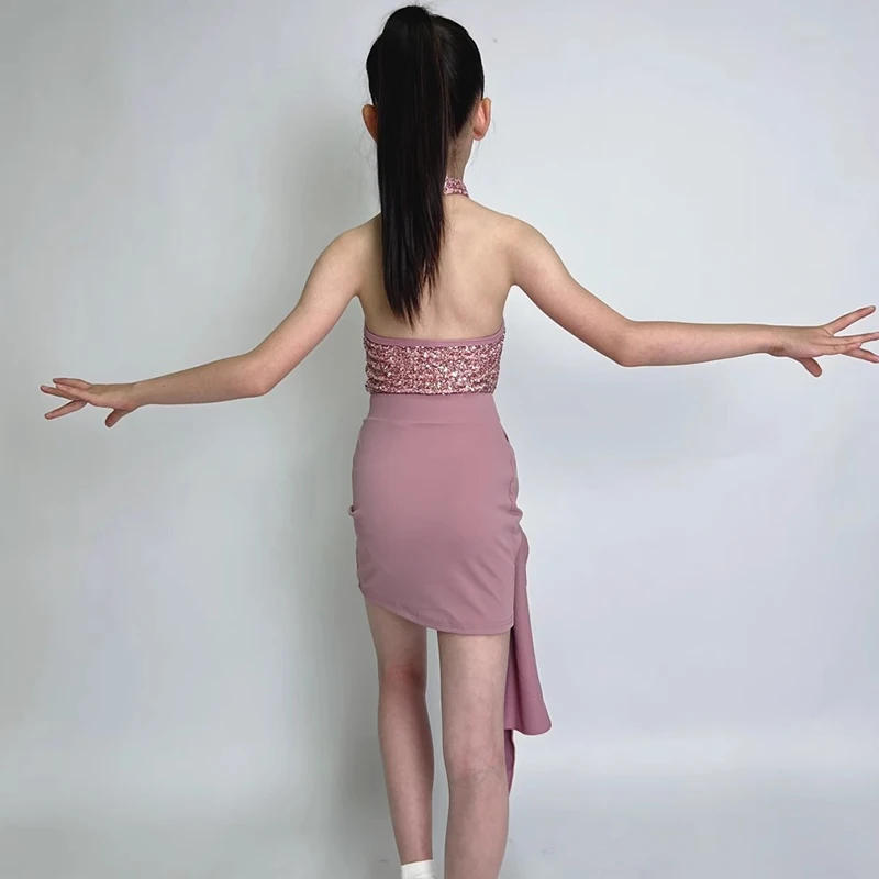 ملابس رقص اللاتينية فتاة قاعة الرقص فستان رقص زي بلا أكمام الترتر القمم مجموعة الاطفال الحديثة كرنفال اللاتينية Dancewear XH2640