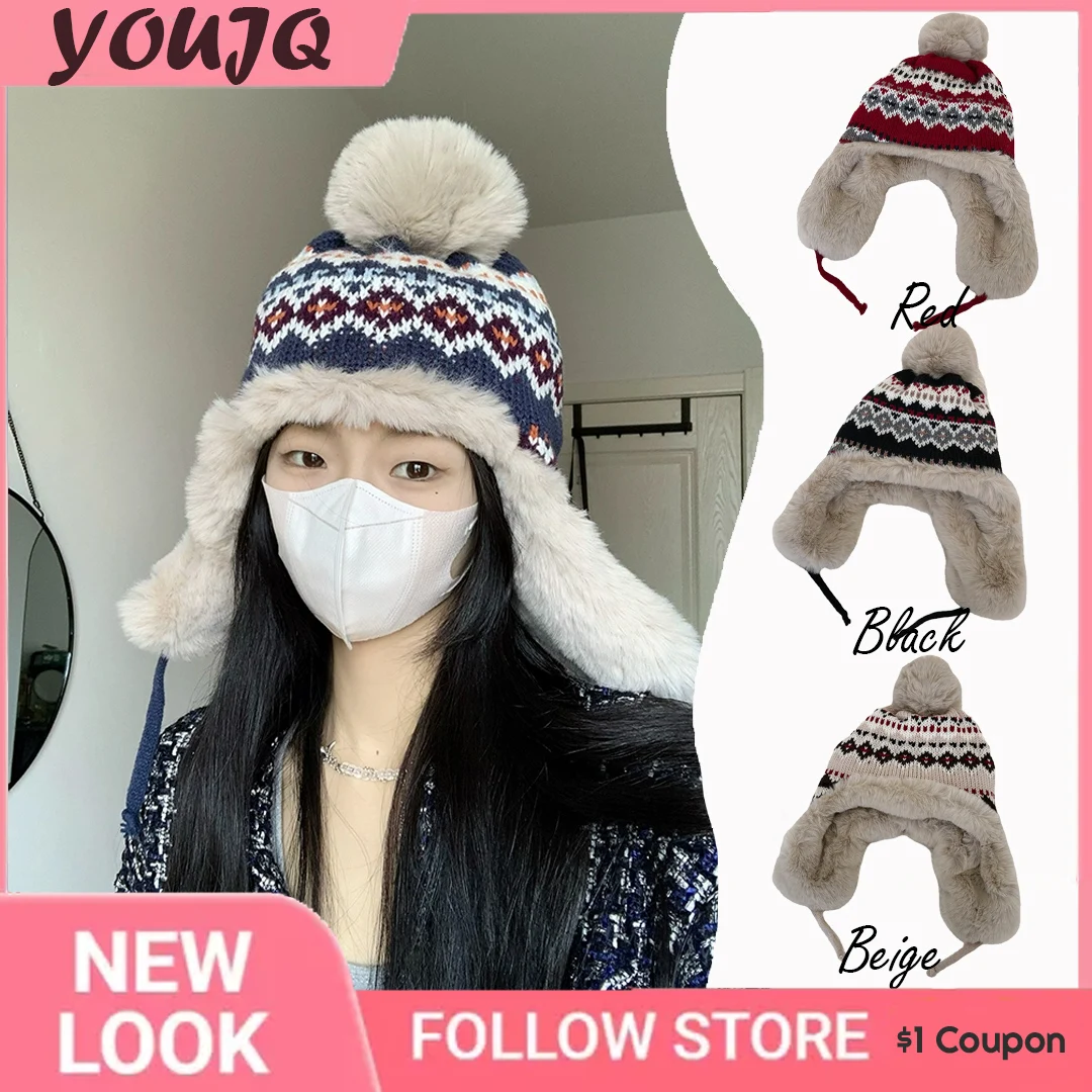 Winter Bomber Ski Cap Peru Hat Women Men Warm Snow Hat Fur Pompom Windproof Knitting Earflap Trapper Girl Outdoor Cap Gift