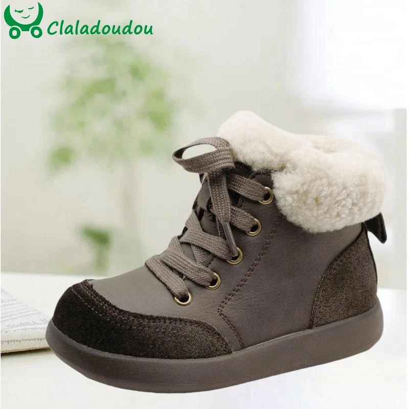 

High Quality Genuine Leather Snow Boots Patch Fashion Warm Fur Ankle Boots For Kids Boys Girls Turned-over Edge Winter Walkers