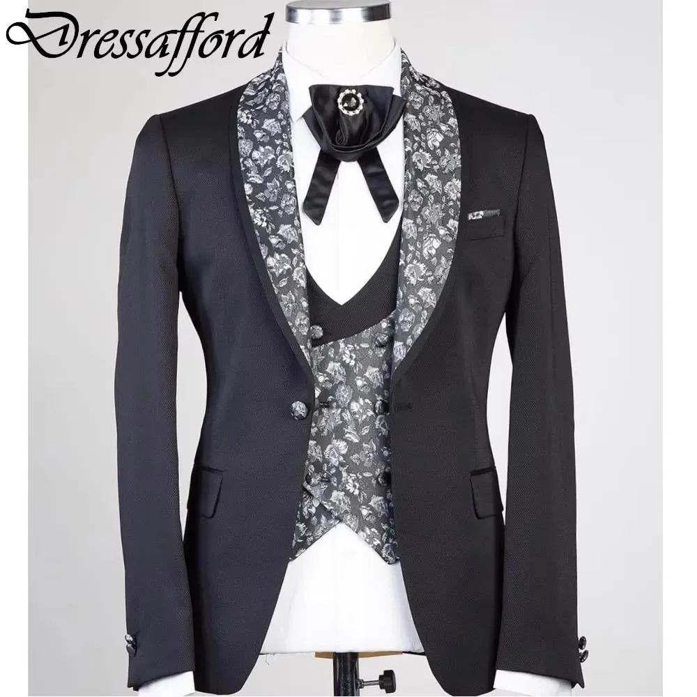 Black Three Pieces Men Suits Floral Print Formal Party Groom Wear ( Jacket + Vest + Pants )