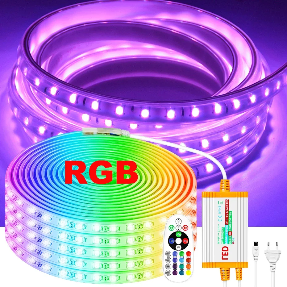 1m-100m 220V Led Strip Light RGB with 1500W EU Power Plug 5050 60LEDs/M Waterproof IP67 Flexible Tape for Home Lighting Decor