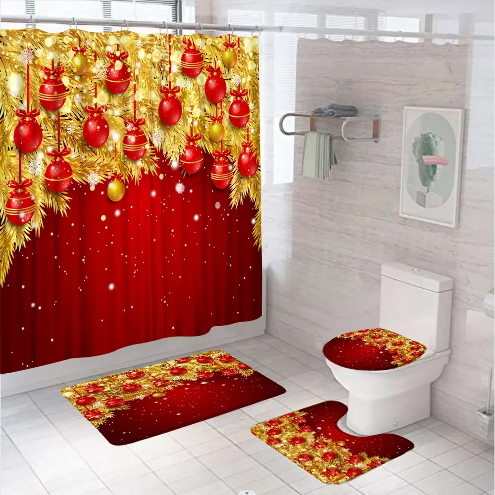 4Pcs New Year Bathroom Set Shower Curtain Rugs Home Accessories Red Christmas Ball Gold Leaf Shower Curtain Winter Snow Bath Mat