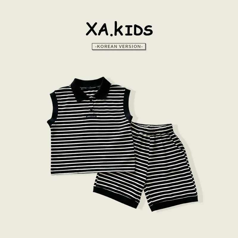 

Children's Summer Set 2024 Summer New Children's Wear Children's Casual Black and White Stripe Set Boys' Trendy Two Piece Set