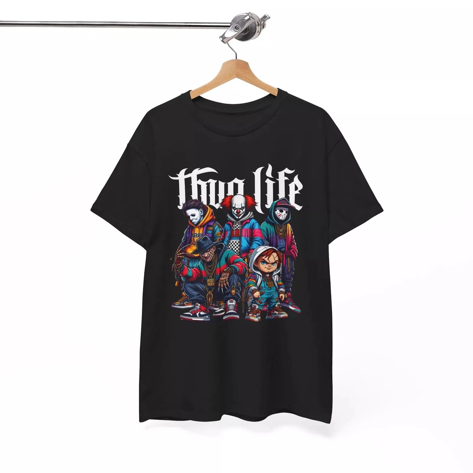 

Thug Life Gangster Horror Icons Halloween T-Shirt | Retro Streetwear Tee Men Women Summer Casual Crew Neck Cotton Tee