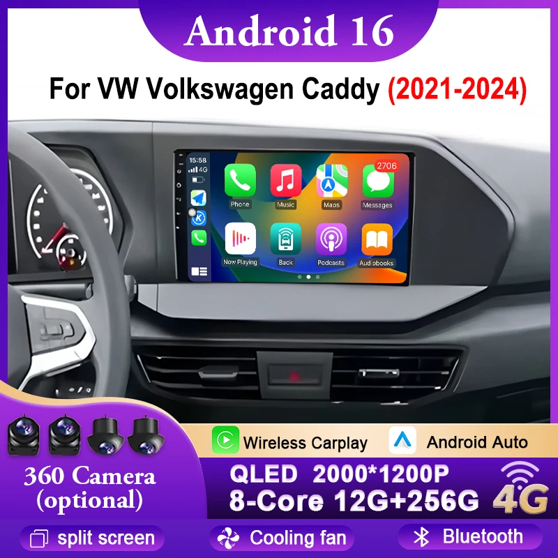 Car Radio Android 16 Carplay Auto For VW Volkswagen Caddy 2021-2024 GPS Navigation DSP Video Player Head Unit BT Stereo