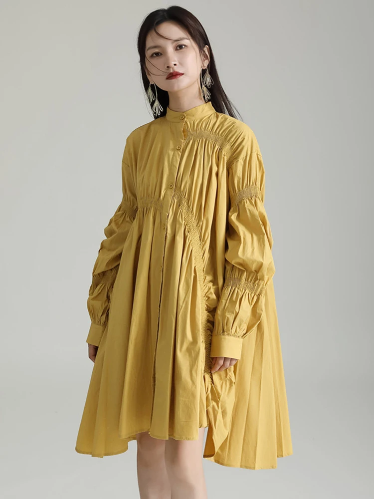 [EAM] Women Blue Irregular Pleated Big Hem Shirt Dress New Stand Neck Long Sleeve Loose Fashion Tide Spring Autumn 2024 1DF9549