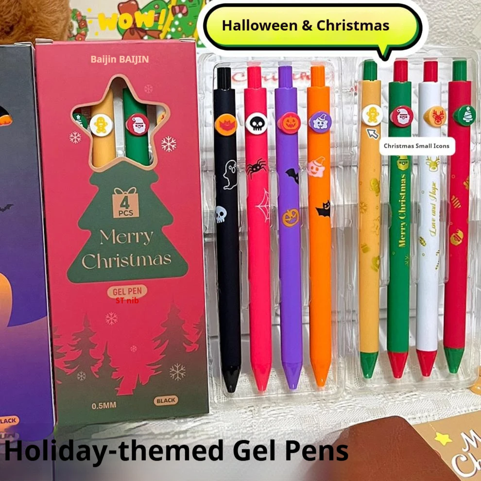 4/2 Boxes with Random Designs, Christmas-Themed Pens, Halloween Button Pens, Retractable Gel Pens with Black Ink, Signature Pens, Quick-Drying Pens for Students, Are Essential Gifts for Halloween and Christmas