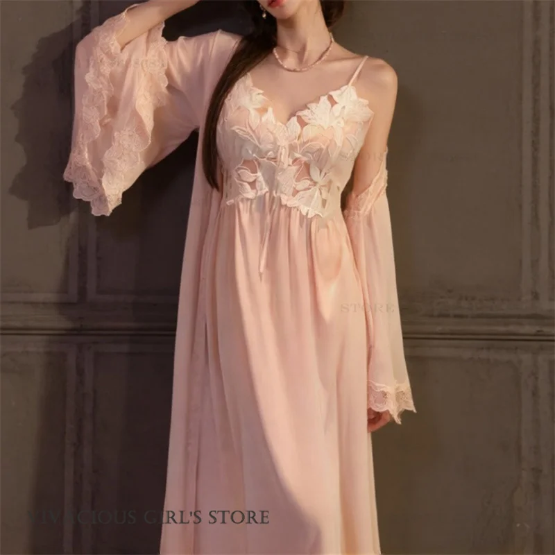 Sexy Female Long Robe Nightgown Set Silky Satin Kimono Bathrobe Gown Loungewear Patchwork Lace Night Dress Lingerie Sleepwear