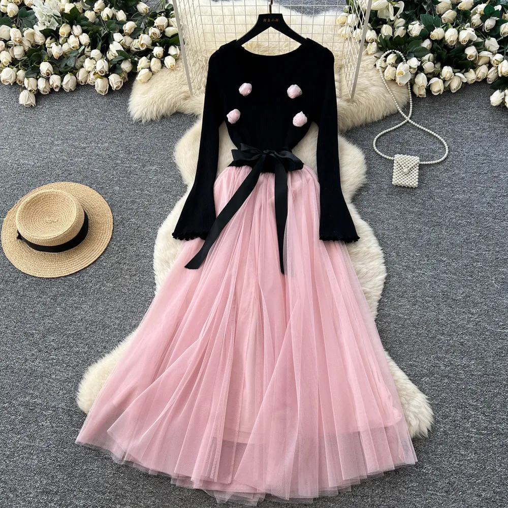3D-Blumenmuster Quadratischer Ausschnitt Strick-Patchwork Netzkleid A-Linie Elegant Hochgeschnittenes Damen-Abendkleid