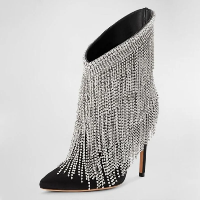 

Bling Bling Crystal Fringe Ankle Boots Pointed Toe Black Suede High Heels Rhinestone Tassels Fashion Modern Boots Size 42