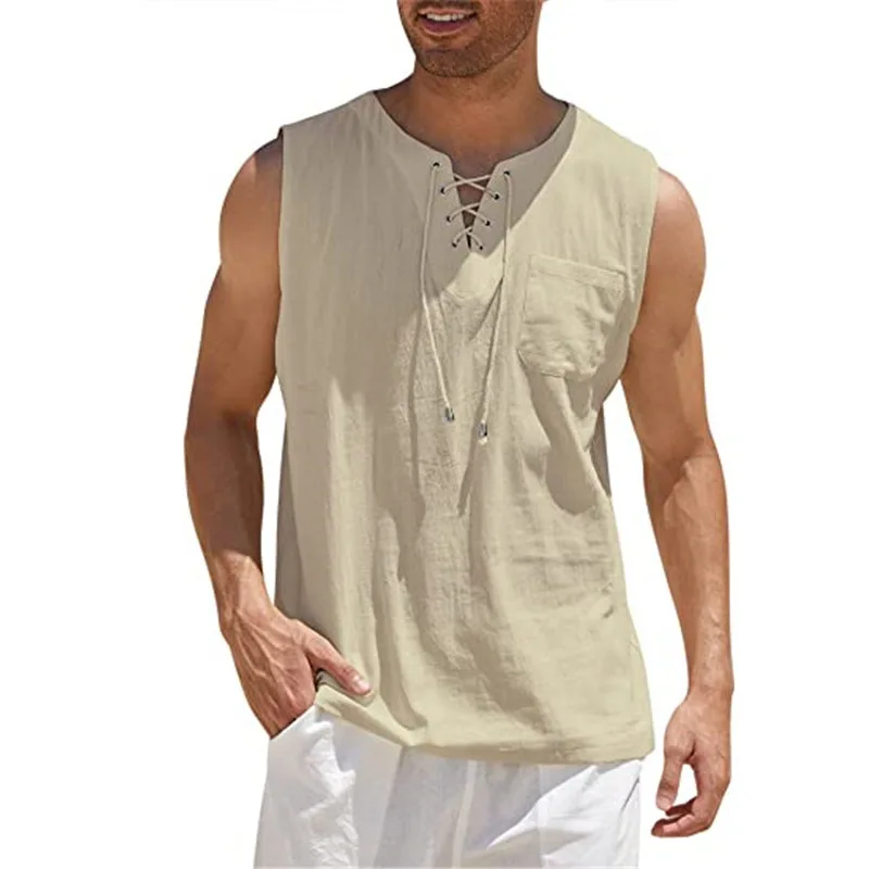 CIGY-Men's Lace-up Vest Shirt, Monochromatic, Cotton, Linen, Short SleeveTT-Shirt, Fashion, New, Hot Sale