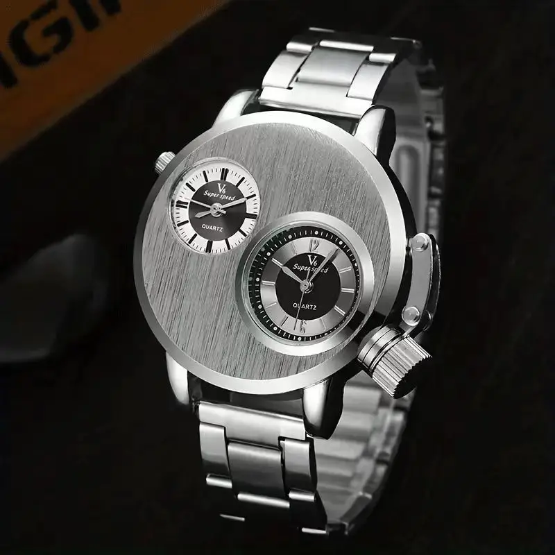 Luxury Quartz Men's Watches Punk Style Dual Dial Business Men Wristwatch Stainless Steel Strap Waterproof Military Watch