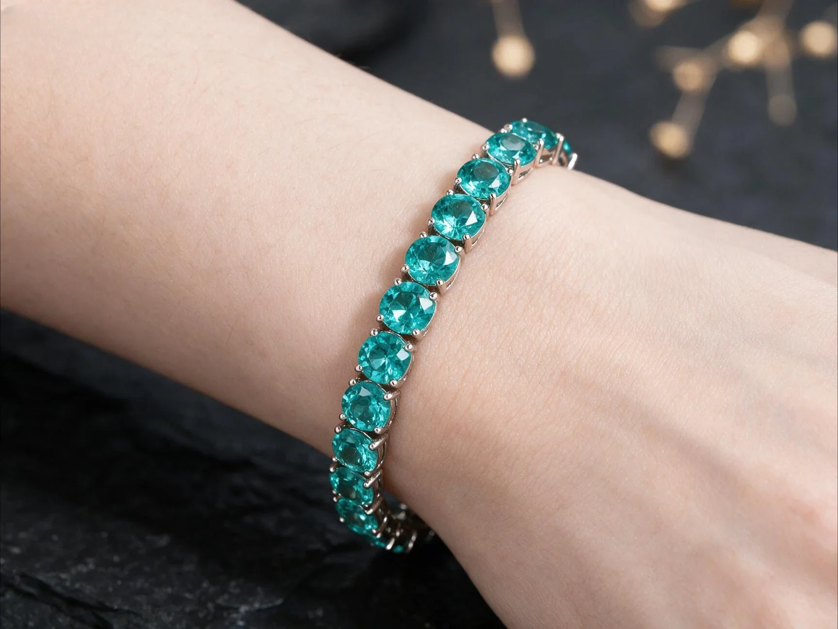 100% 925 SILVER paraiba color lab grown paraiba color gemstone tennis bracelet artificial 18K gold plated  5 4 3mm cubic zircon