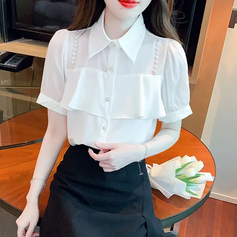 

Short Sleeve White Blouse Shirt Women Tops Blouses Shirts Blusas Mujer De Moda 2024 Beading Turn Down Collar Blouse Women A780