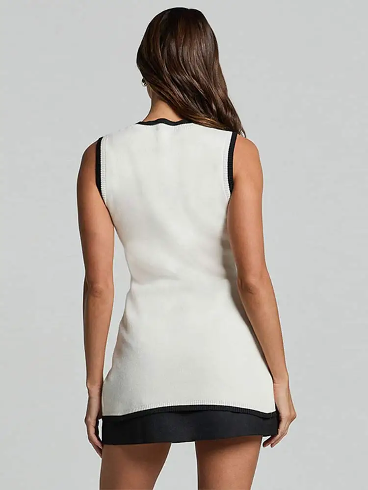 Elegant Contrast Piping Knitted Vest Women Fashion Round Neck Single Breasted Sleeveless Pocket Waistcoat Lady Stree Knitwear