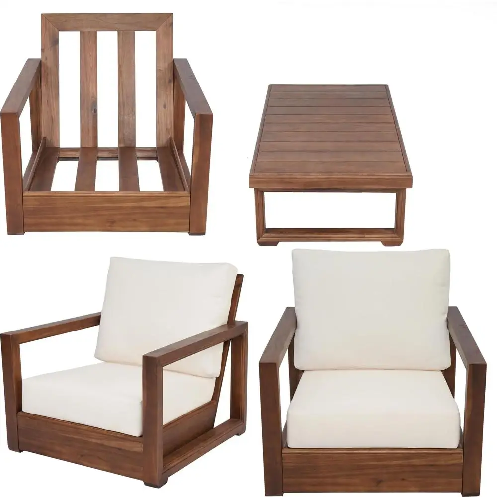 

Комплект для отдыха на открытом воздухе из 4 предметов из акации: кресло-софа, кофейный столик и кресла, с бежевыми и мокко-коричневыми подушками.