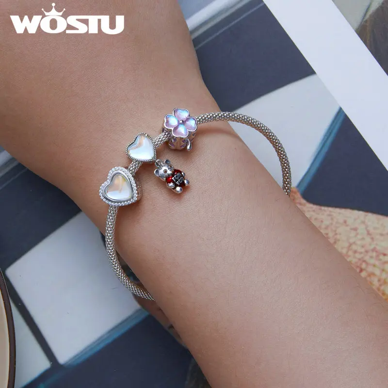 WOSTU 925 Sterling Silver Heart-shaped Moonstone Charm Fully Zircon Four-leaf Clover Bead for Women Fit Bracelet Jewelry Gift